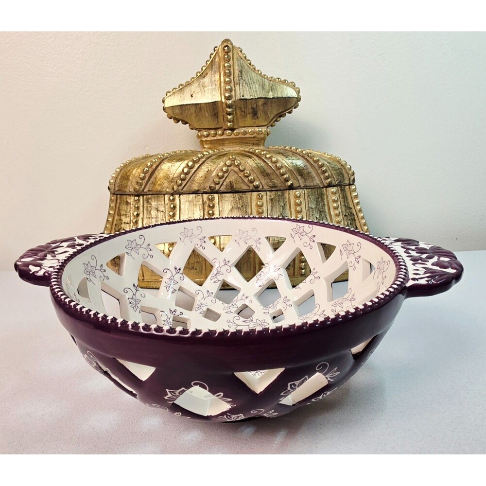 Rare TEMP-TATIONS Eggplant Floral Lace Round Bread Basket Bowl- Retired